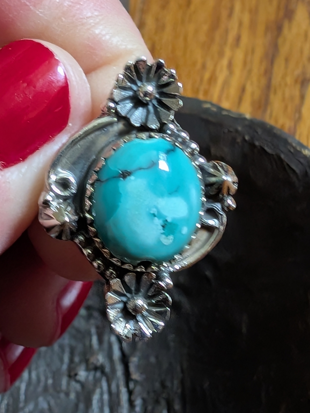 Sterling Silver Turquoise ring with silver floral detailing, adjustable at sz 9